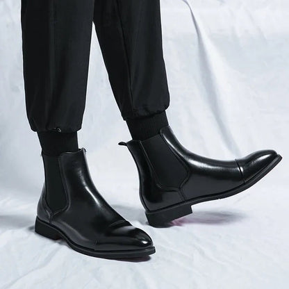 Men’s Polished Chelsea Boots – Pointed-Toe Ankle Design with Elastic Side Panels and Low Heel
