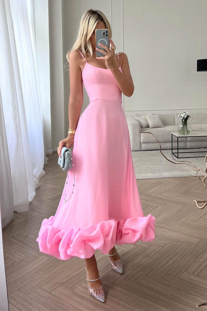 Women’s Ruffle Hem Maxi Dress – Elegant Spaghetti Strap Wedding Guest Style