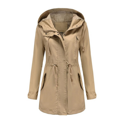 Women’s Hooded Drawstring Utility Parka – Mid-Length Zip-Front Jacket with Adjustable Waist and Practical Pockets