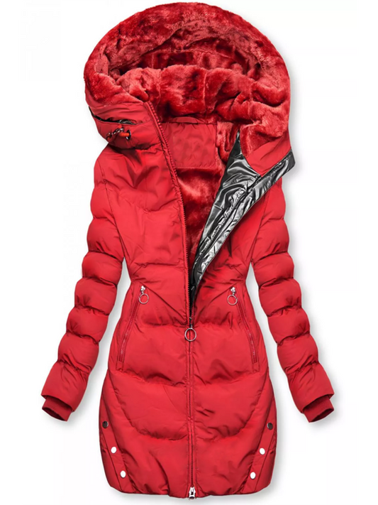Women’s Plush-Lined Long Puffer Jacket – Fitted Hooded Winter Coat with Zip Pockets for Cold-Weather Comfort