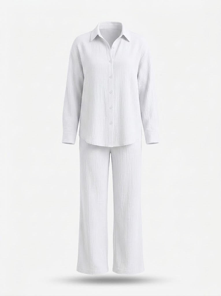 Women’s Cotton Shirt and Trouser Co-Ord Set – Relaxed Button-Up Long-Sleeve Top with Wide-Leg Trousers for Home and Casual Wear