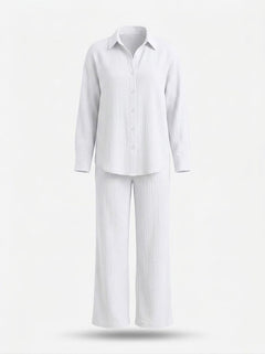 Women’s Cotton Shirt and Trouser Co-Ord Set – Relaxed Button-Up Long-Sleeve Top with Wide-Leg Trousers for Home and Casual Wear