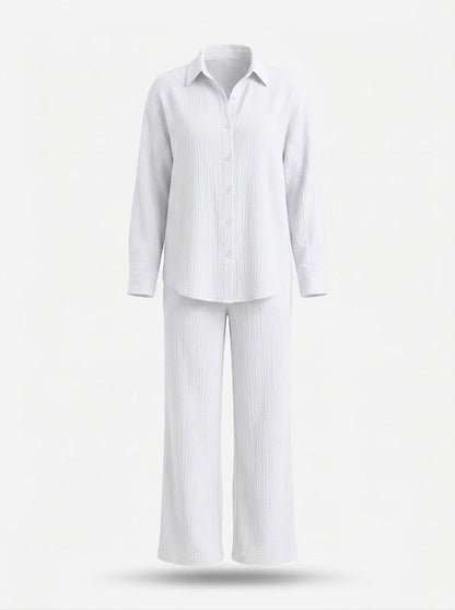Women’s Cotton Shirt and Trouser Co-Ord Set – Relaxed Button-Up Long-Sleeve Top with Wide-Leg Trousers for Home and Casual Wear