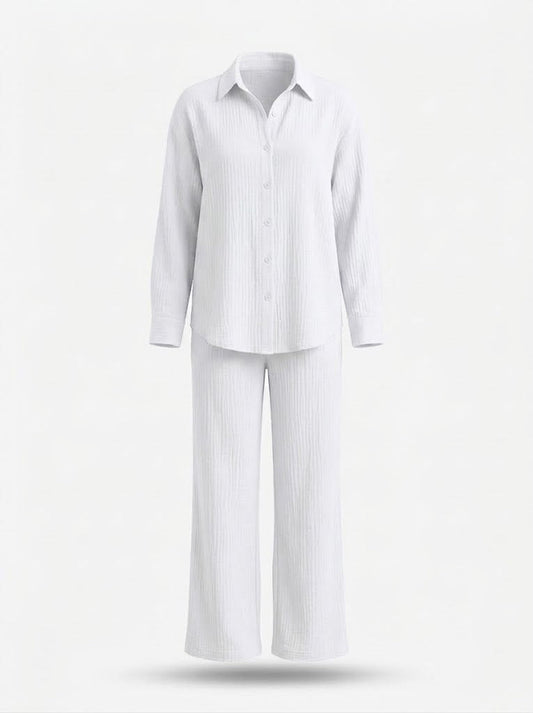 Women’s Cotton Shirt and Trouser Co-Ord Set – Relaxed Button-Up Long-Sleeve Top with Wide-Leg Trousers for Home and Casual Wear