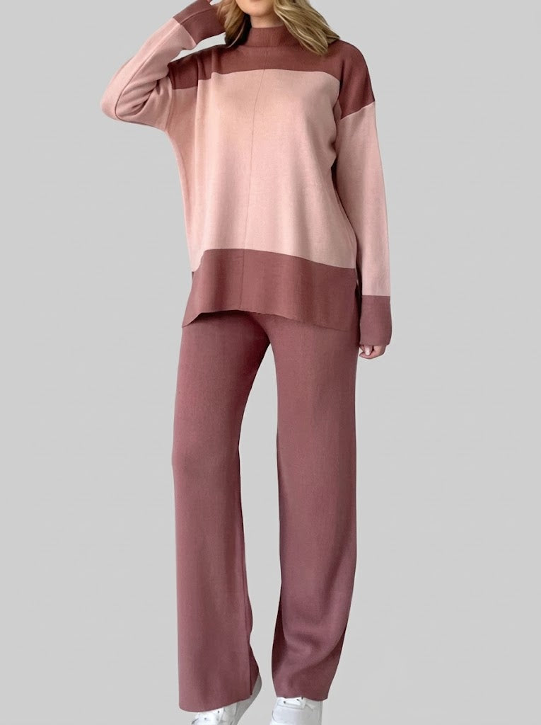 Women’s Colour-Block Knit Co-Ord Set – High-Neck Long-Sleeve Top with Wide-Leg Trousers for Casual Wear