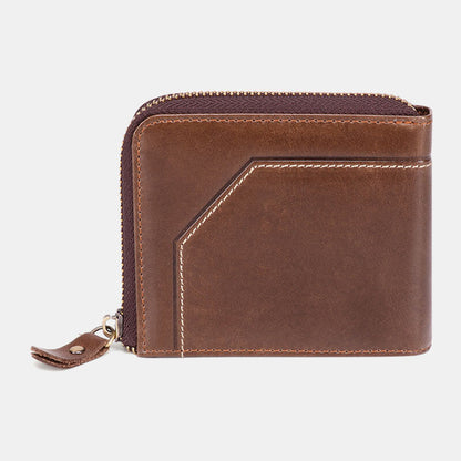 Men’s Genuine Leather RFID Wallet – Vintage Zip-Around Bifold with Card Storage and Coin Pocket