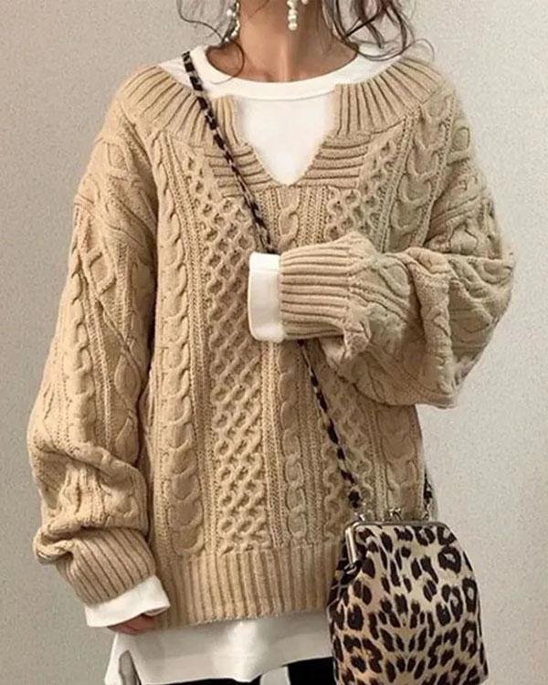 Women’s Oversized Jumper – Chunky Cable-Knit Jumper with V-Neck
