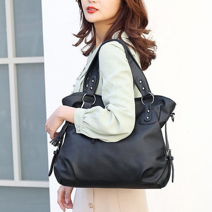 Women’s Tassel-Detail PU-Leather Tote Bag – Spacious Shoulder Handbag with Crossbody Carrying Option