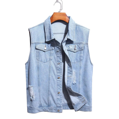 Men’s Distressed Cotton Denim Vest – Button-Front Sleeveless Trucker Layer with Chest Pockets