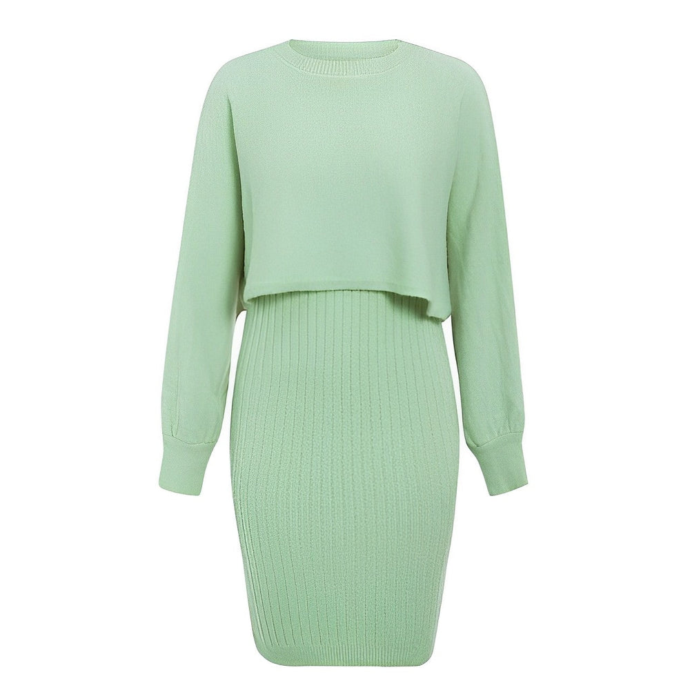 Women’s Lantern-Sleeve Knit Skirt Set – Cropped Crew-Neck Jumper with Ribbed Midi Skirt for Autumn and Winter