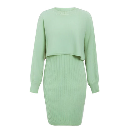 Women’s Lantern-Sleeve Knit Skirt Set – Cropped Crew-Neck Jumper with Ribbed Midi Skirt for Autumn and Winter