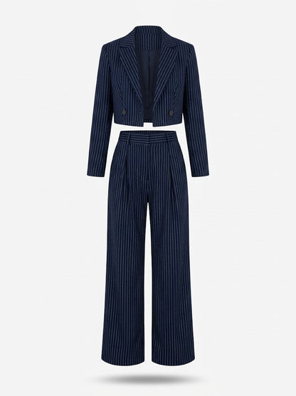 Women’s Pinstripe Trouser Co-Ord Set – Cropped Blazer with Wide-Leg Trousers for Work and Smart Casual Wear