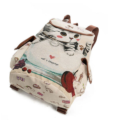 Children’s Cartoon Cat Canvas Backpack – Drawstring School Bag with Flap Closure and Side Pockets