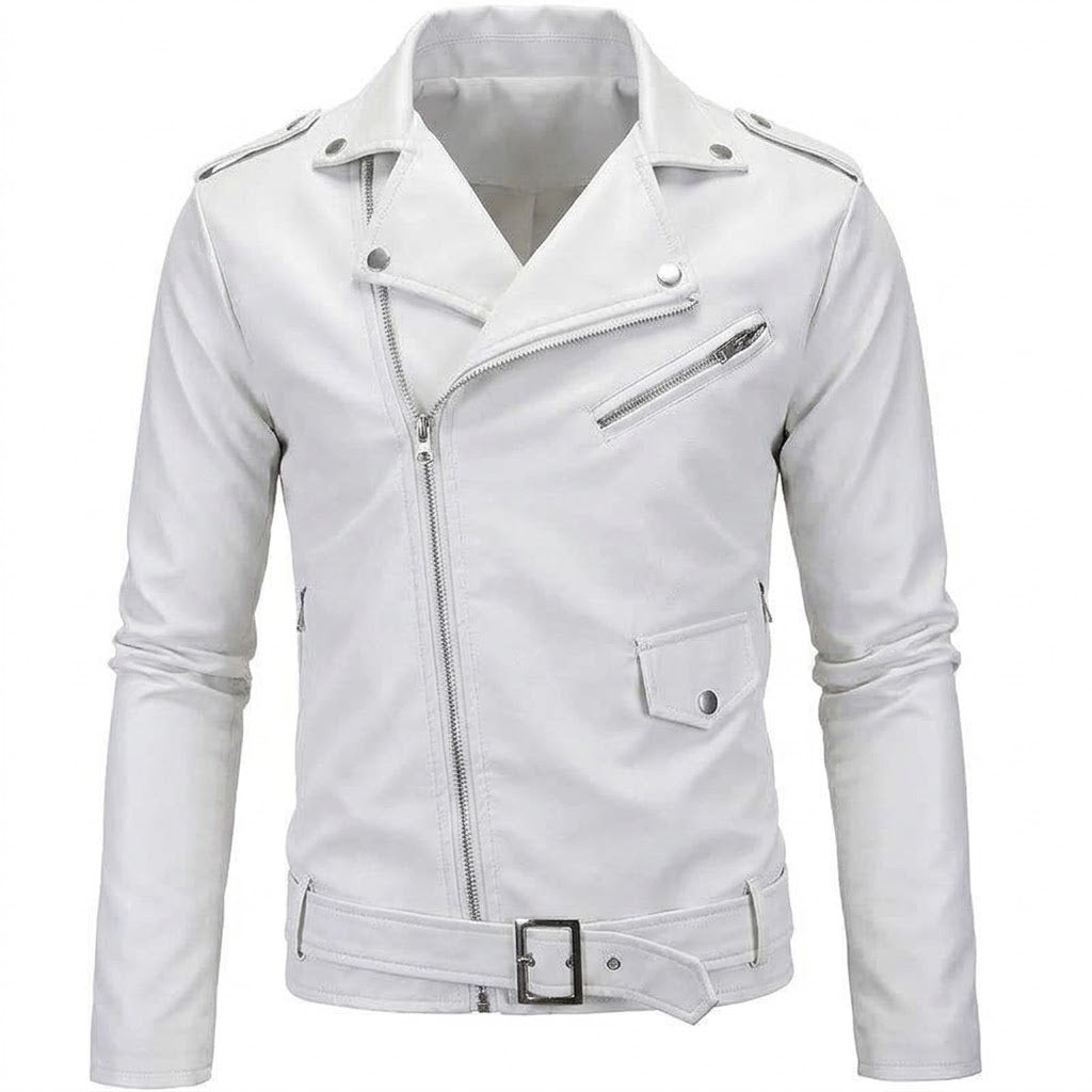 Men’s Asymmetric Zip Biker Jacket – Slim Faux Leather Layer for Urban and Weekend Wear