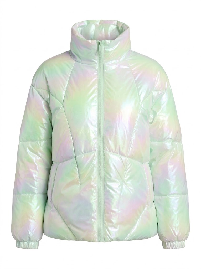 Women’s Iridescent Metallic Puffer Jacket – Lightweight Shimmer Winter Coat with Stand Collar