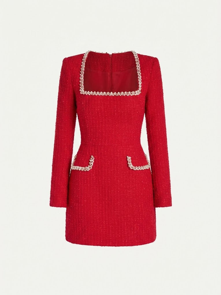 Women’s Tweed Mini Dress – Pearl-Trimmed Long-Sleeve Style for Cocktail Events and Dinners