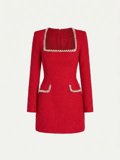 Women’s Tweed Mini Dress – Pearl-Trimmed Long-Sleeve Style for Cocktail Events and Dinners