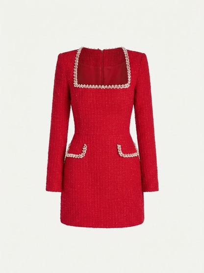 Women’s Tweed Mini Dress – Pearl-Trimmed Long-Sleeve Style for Cocktail Events and Dinners