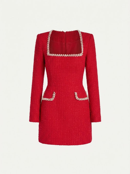 Women’s Tweed Mini Dress – Pearl-Trimmed Long-Sleeve Style for Cocktail Events and Dinners