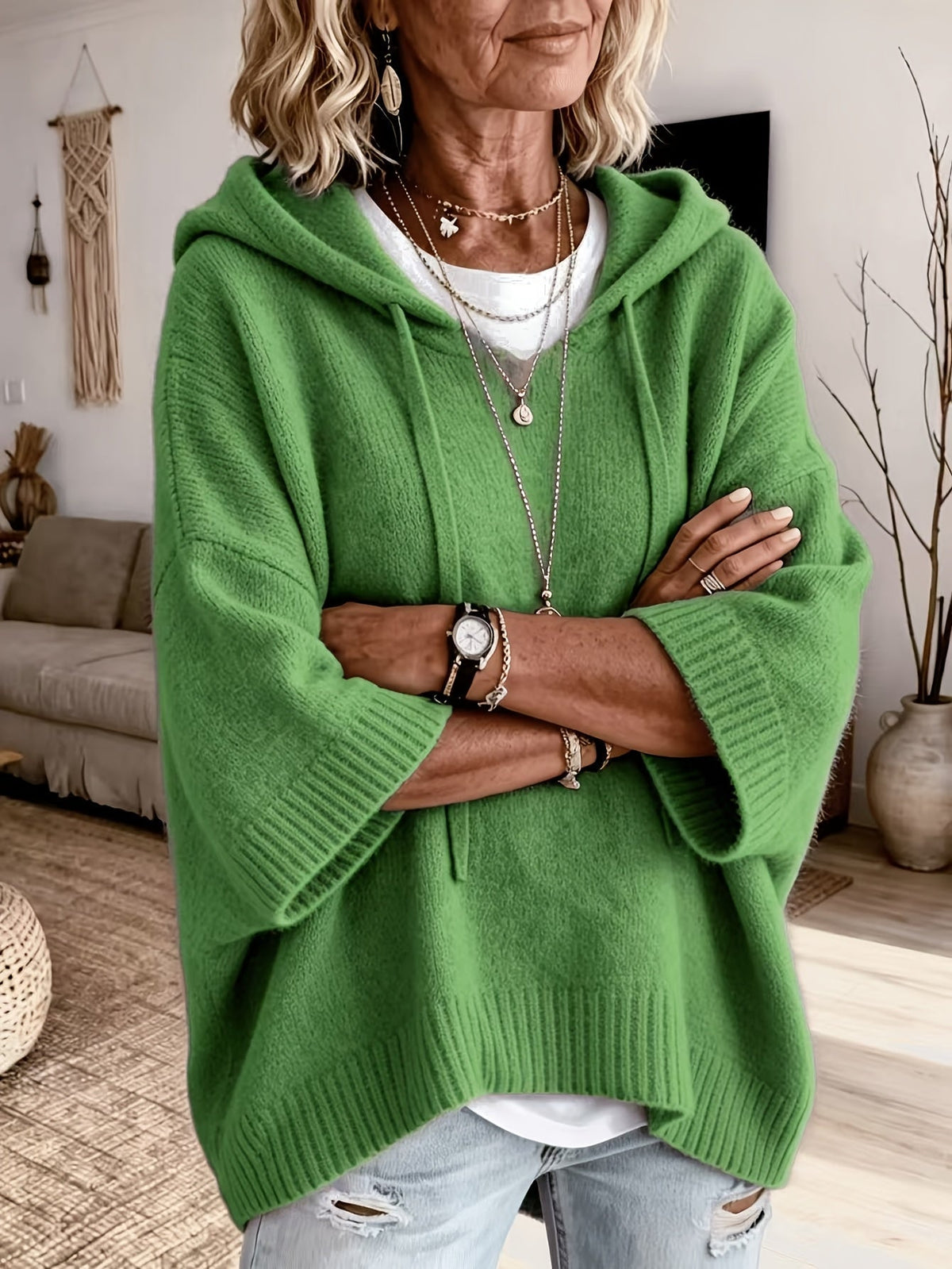 Women’s Oversized Hoodie – Fine-Knit Hooded Jumper with Batwing Sleeves