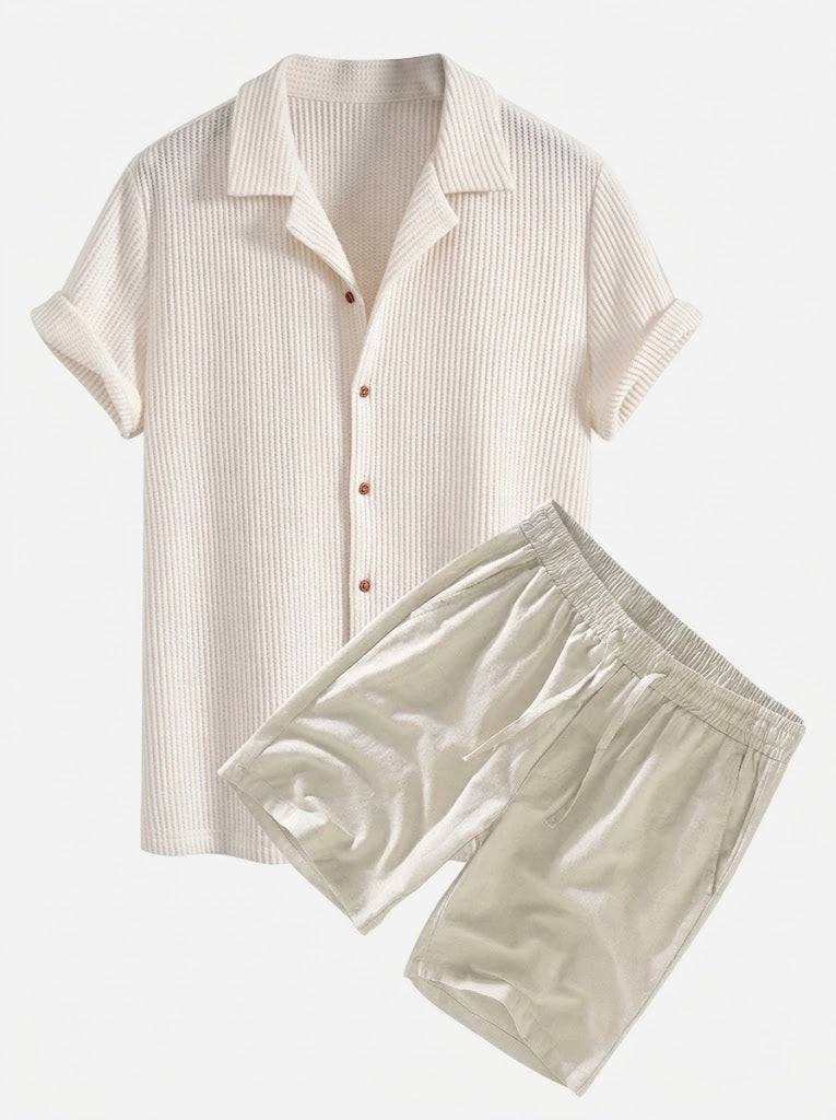 Men’s Textured Waffle Resort Set – Button Shirt with Linen Cotton Drawstring Shorts
