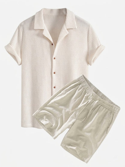 Men’s Textured Waffle Resort Set – Button Shirt with Linen Cotton Drawstring Shorts
