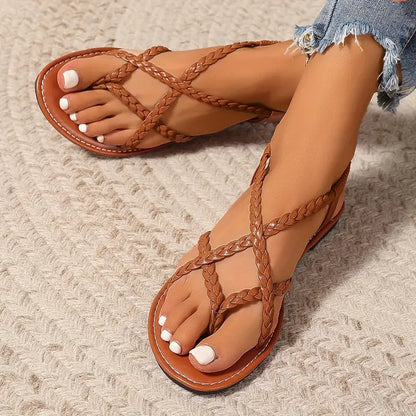 Women’s Braided Flat Sandals – Strappy Summer Shoes for Holidays and Everyday Wear