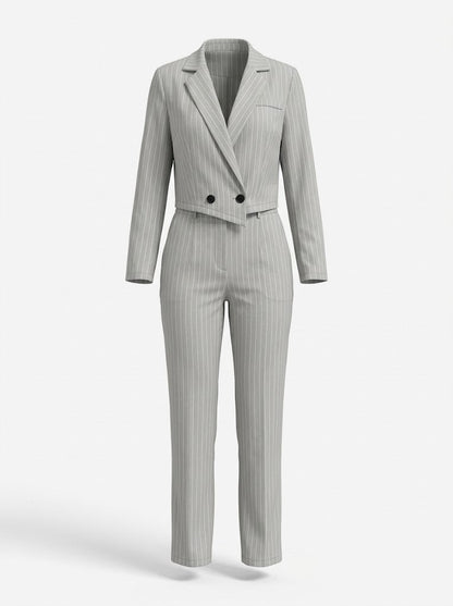 Women’s Pinstripe Trouser Co-Ord Set – Cropped Blazer with Wide-Leg Trousers for Work and Smart Casual Wear