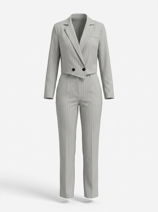 Women’s Pinstripe Trouser Co-Ord Set – Cropped Blazer with Wide-Leg Trousers for Work and Smart Casual Wear