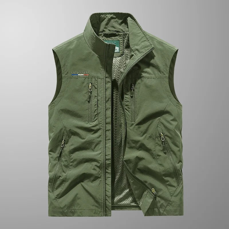 Men’s Cargo Gilet – Stand Collar with Six Zip Pockets and Mesh Back