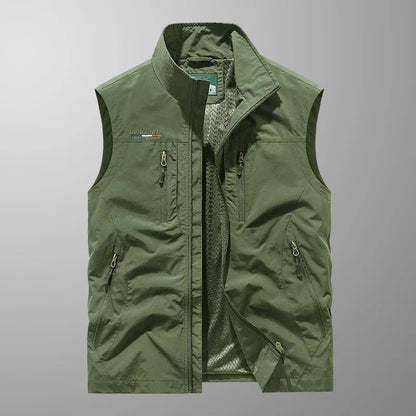 Men’s Cargo Gilet – Stand Collar with Six Zip Pockets and Mesh Back