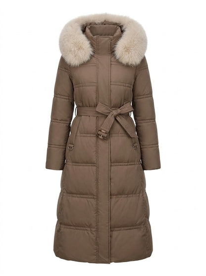 Women’s Longline Quilted Puffer Coat – Faux-Fur Hooded Winter Outerwear with Insulated Full-Coverage Design