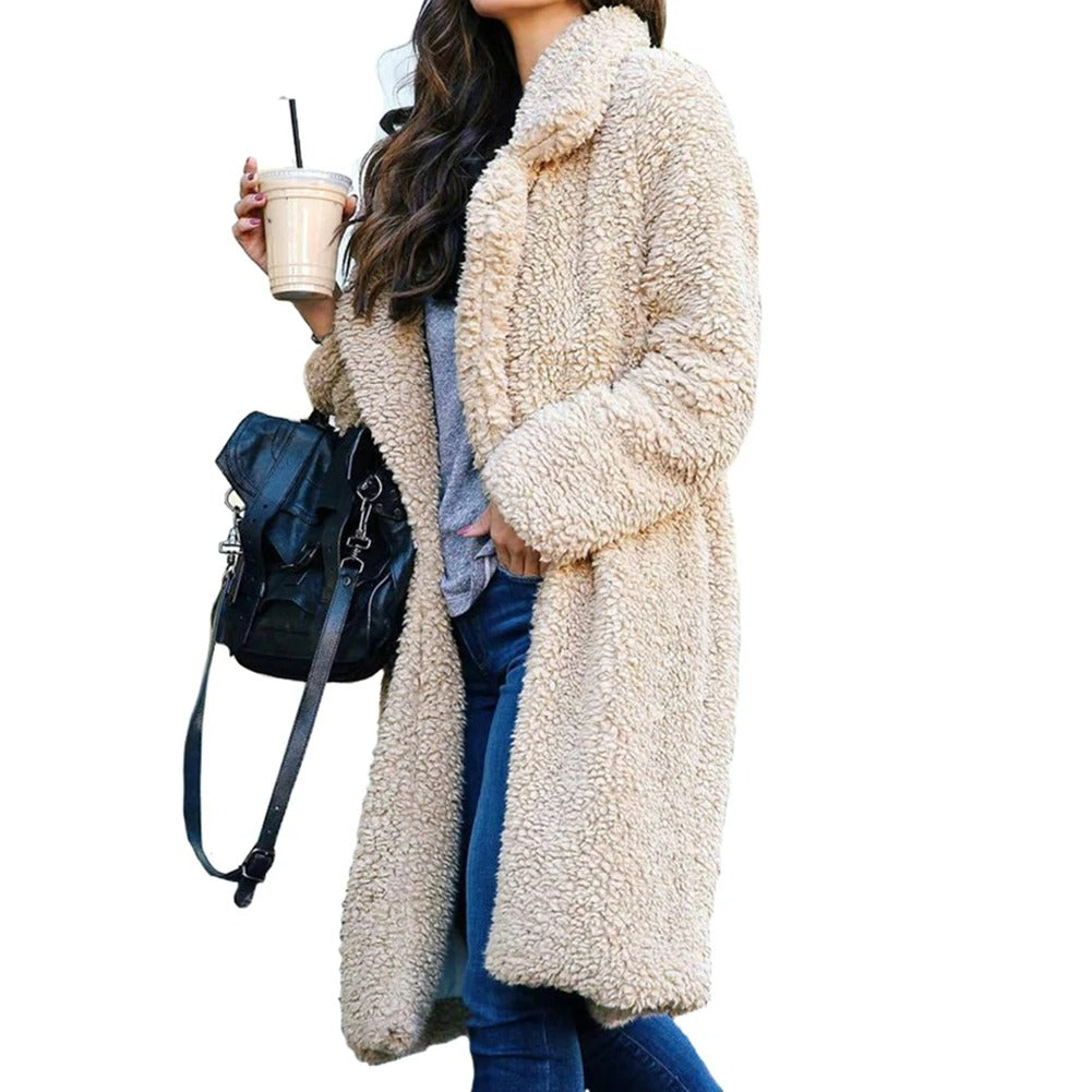 Women’s Plush Teddy Overcoat – Knee-Length Lapel Outerwear for Warm Refined Winter Dressing