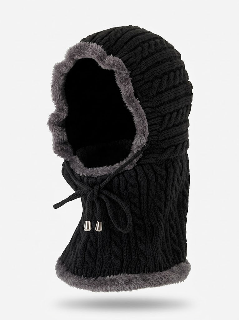 Women’s Knitted Balaclava Hood Scarf – Plush-Lined Cable-Knit Windproof Winter Neck Warmer with Adjustable Drawcord