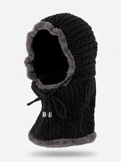 Women’s Knitted Balaclava Hood Scarf – Plush-Lined Cable-Knit Windproof Winter Neck Warmer with Adjustable Drawcord