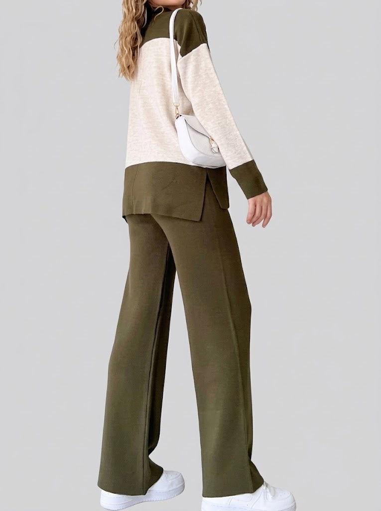 Women’s Colour-Block Knit Co-Ord Set – High-Neck Long-Sleeve Top with Wide-Leg Trousers for Casual Wear