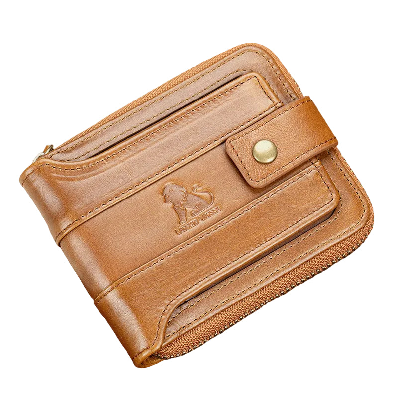 Men’s RFID Leather Wallet – Vintage Zip-Around Bifold with Card Slots and Coin Pocket