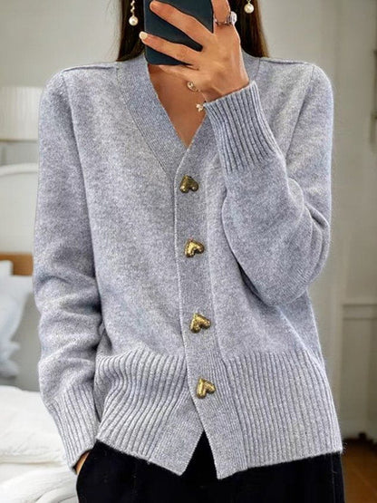 Women’s Heart-Button Knit Cardigan – Elegant V-Neck Layer for Everyday Styling