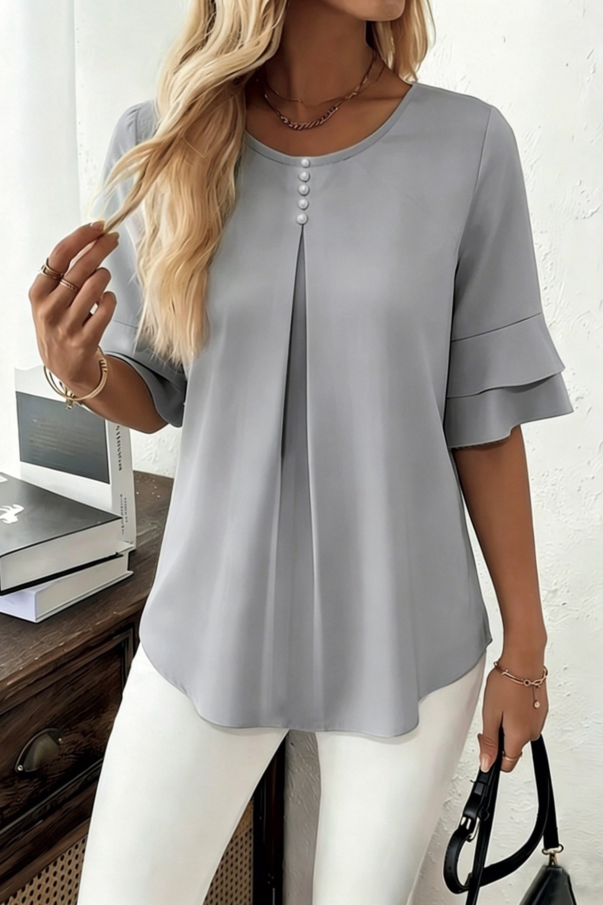 Women’s Ruffle Blouse – Flared Sleeves with Full Button Placket