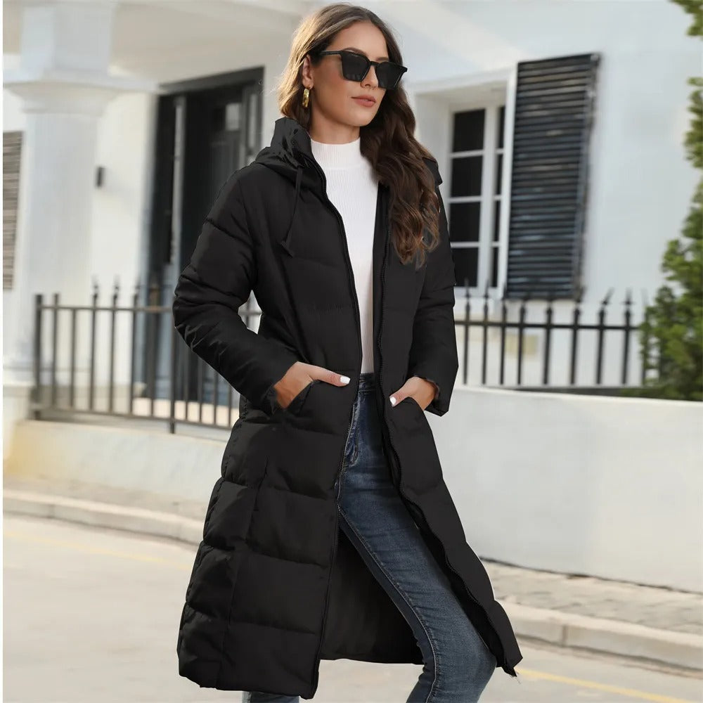 Women’s Quilted Hooded Puffer Coat – Extended Winter Jacket with Full-Zip Front for Warm Everyday Layering