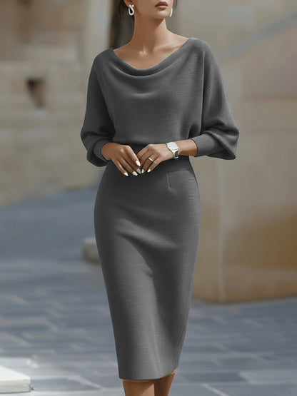 Women’s Bodycon Midi Dress – Draped Neckline Batwing Sleeve Style for Elegant Events