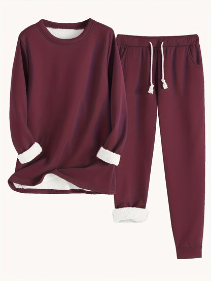 Women’s Fleece-Lined Sweatshirt and Jogger Set – Cosy Two-Piece Winter Lounge Outfit