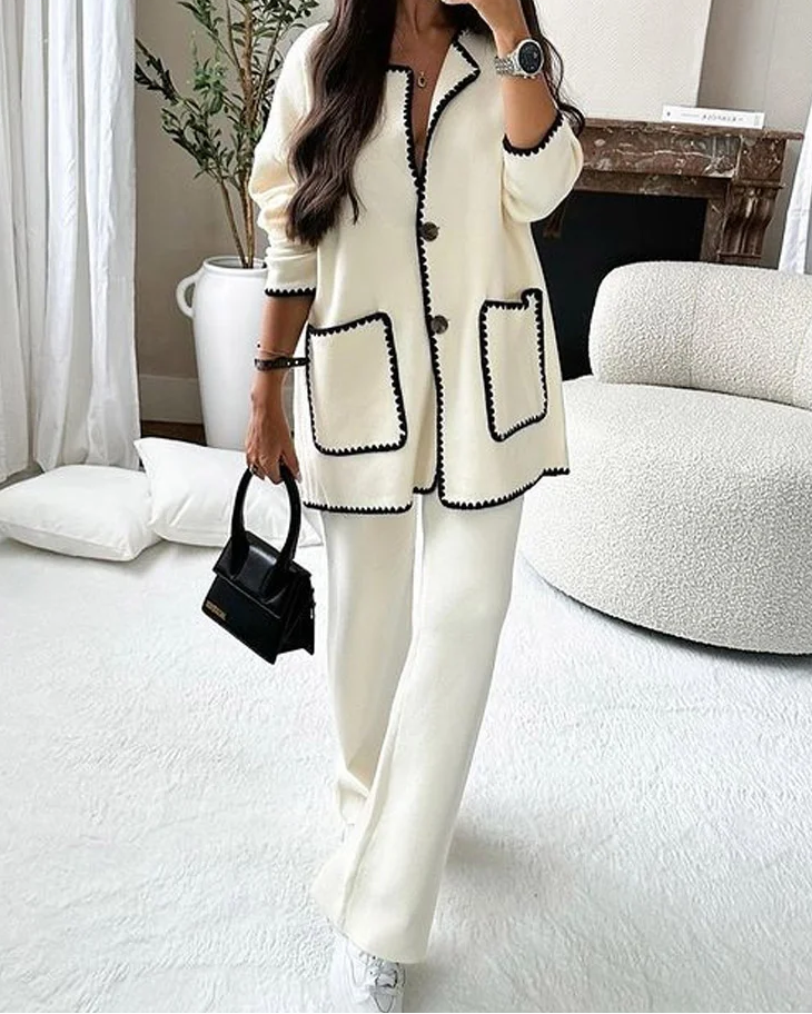 Women’s Contrast-Trim Cardigan Set – Relaxed Button-Front Jacket with Wide-Leg Trousers for Autumn Wear