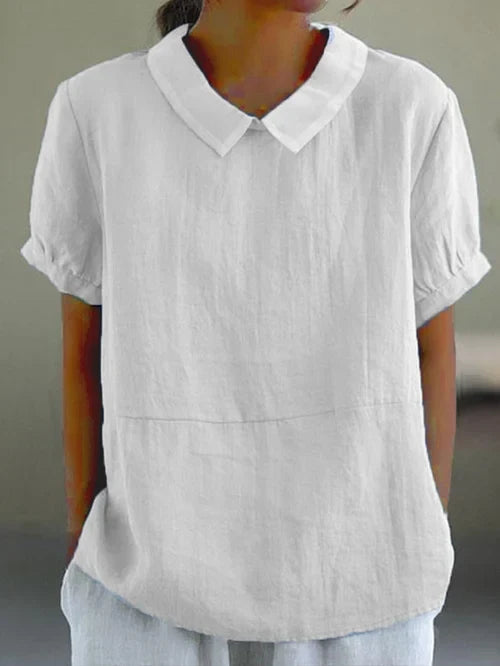 Women’s Cotton-Linen Collared Blouse – Relaxed Short-Sleeve Style for Warm Everyday Wear