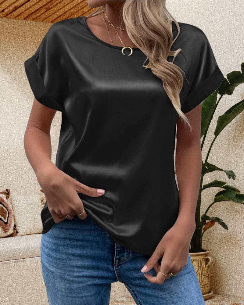 Women’s Short-Sleeve Blouse – Satin Finish with Round Neck