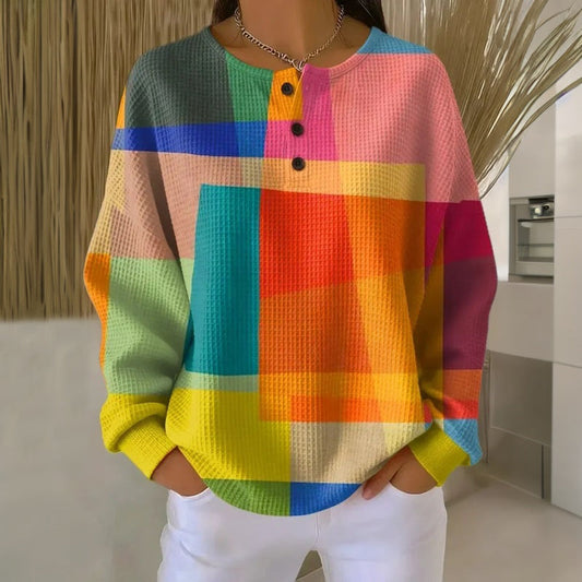 Women’s Vintage Sweatshirt – Colourful Print with Crew Neck and Button Detail