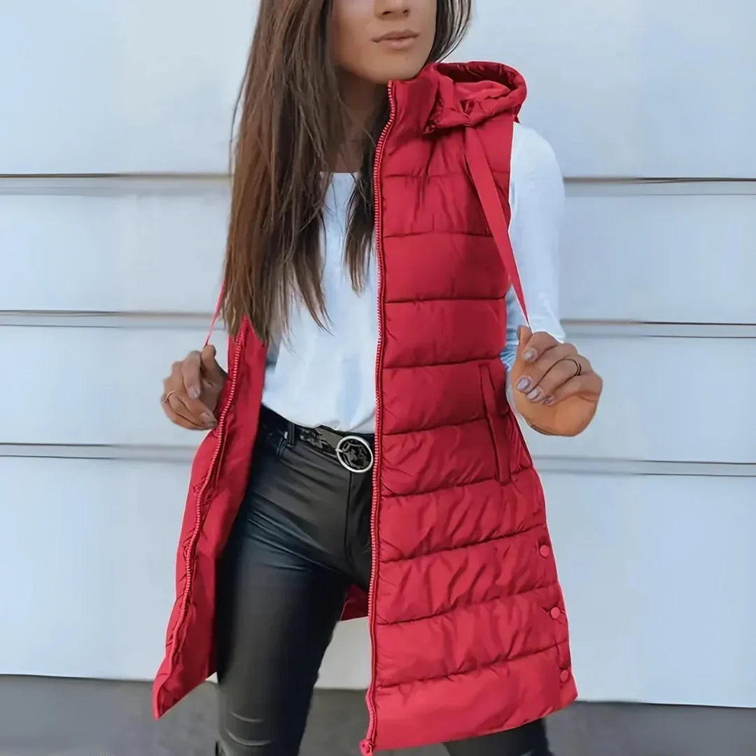 Women’s Longline Quilted Gilet – Hooded Body Warmer with Full-Length Zip