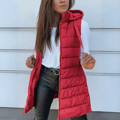 Women’s Longline Quilted Gilet – Hooded Body Warmer with Full-Length Zip