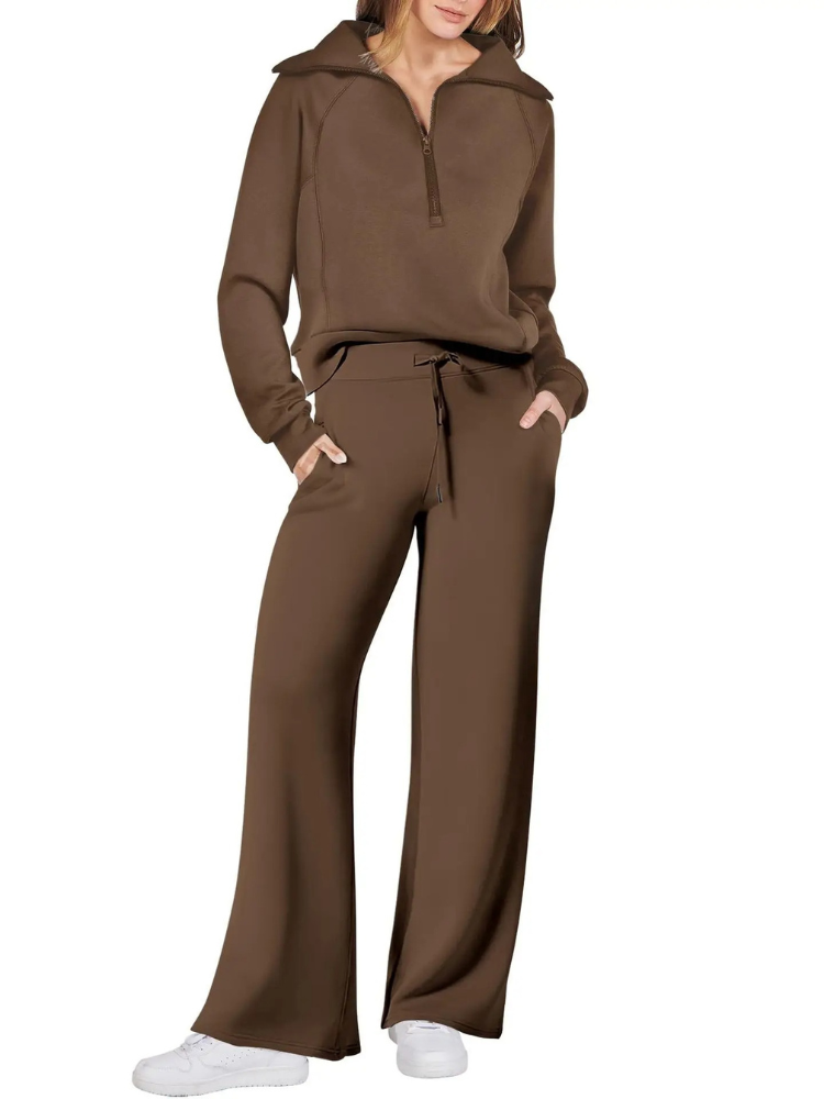 Women’s Half-Zip Leisure Co-Ord – Collared Pullover with Drawstring Wide-Leg Trousers for Casual Wear