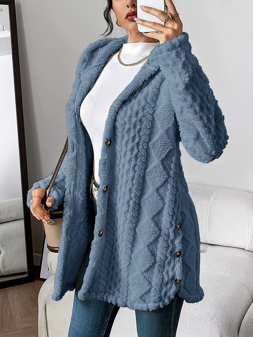 Women’s Cable-Knit Cardigan – Hooded Button-Through Cardigan